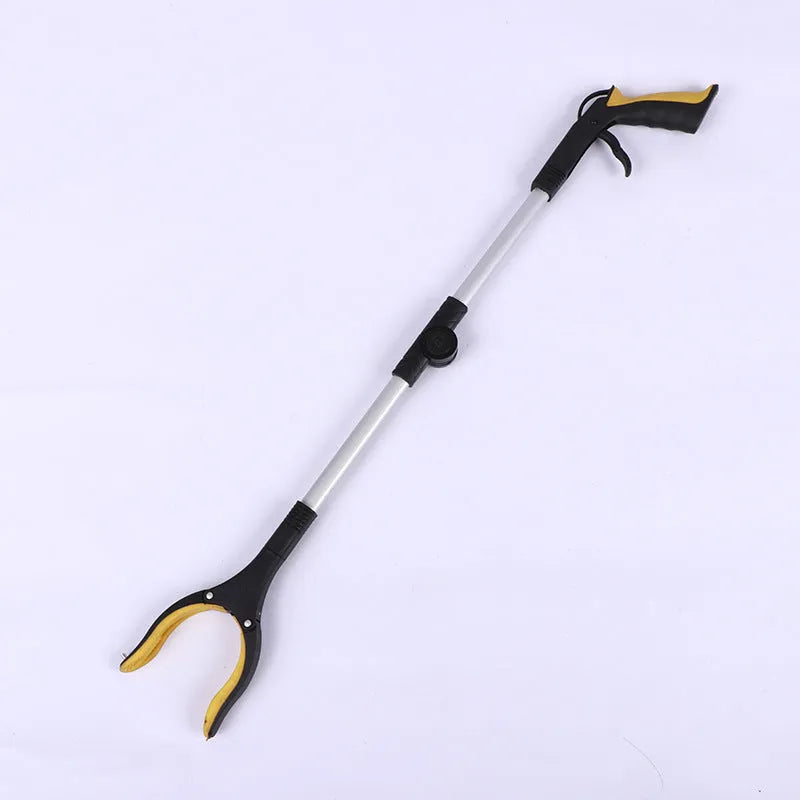 Foldable aluminum alloy garbage clamp with magnet sucker extended and folded showing blue yellow and orange handles