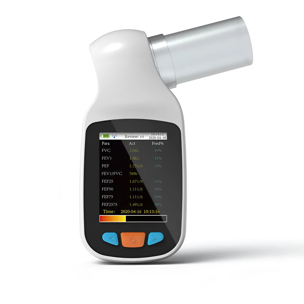 SP70B handheld digital spirometer with Bluetooth, measuring lung function parameters, 138 mm x 63 mm x 47 mm
