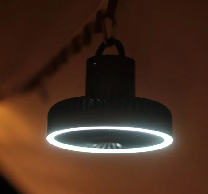 Portable tripod camping fan with detachable aluminium alloy stand, USB rechargeable battery, and hanging hook