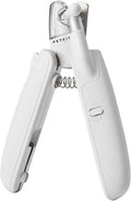 White LED pet nail clipper with transparent anti-splash guard and nail file.