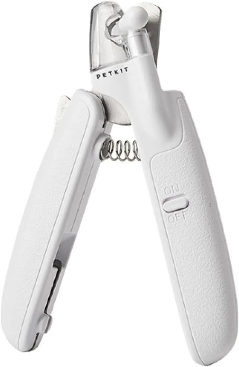 White LED pet nail clipper with transparent anti-splash guard and nail file.