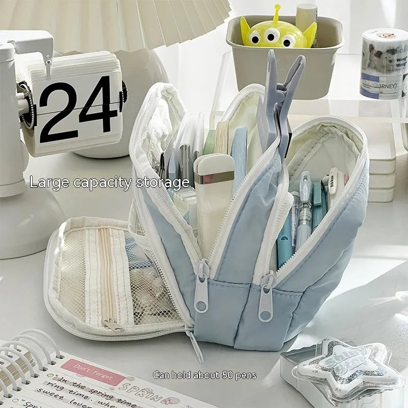 Double layer pencil case in mint green with gift handle showing dimensions 215 x 135 x 85mm