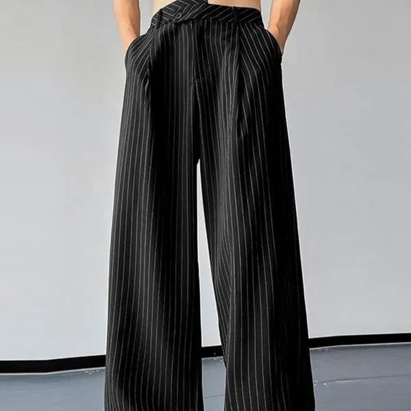 Black men's casual trousers with vertical stripes and front pleats, made from a soft rabbit hair and bamboo fibre blend.