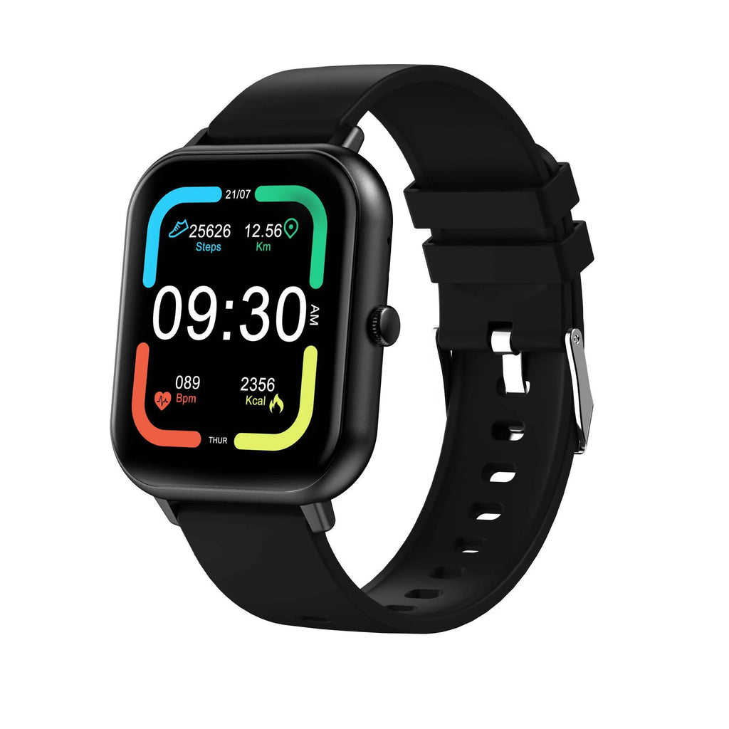 Black smart watch with AI voice control, heart rate monitor, and touch screen on a wrist.