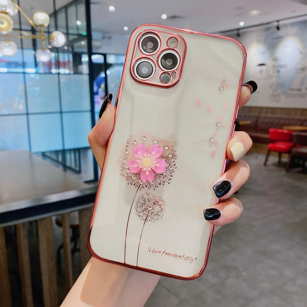 3D cute flower spin stand phone case for iPhone in green purple rose gold silver colours showing built-in screen protector