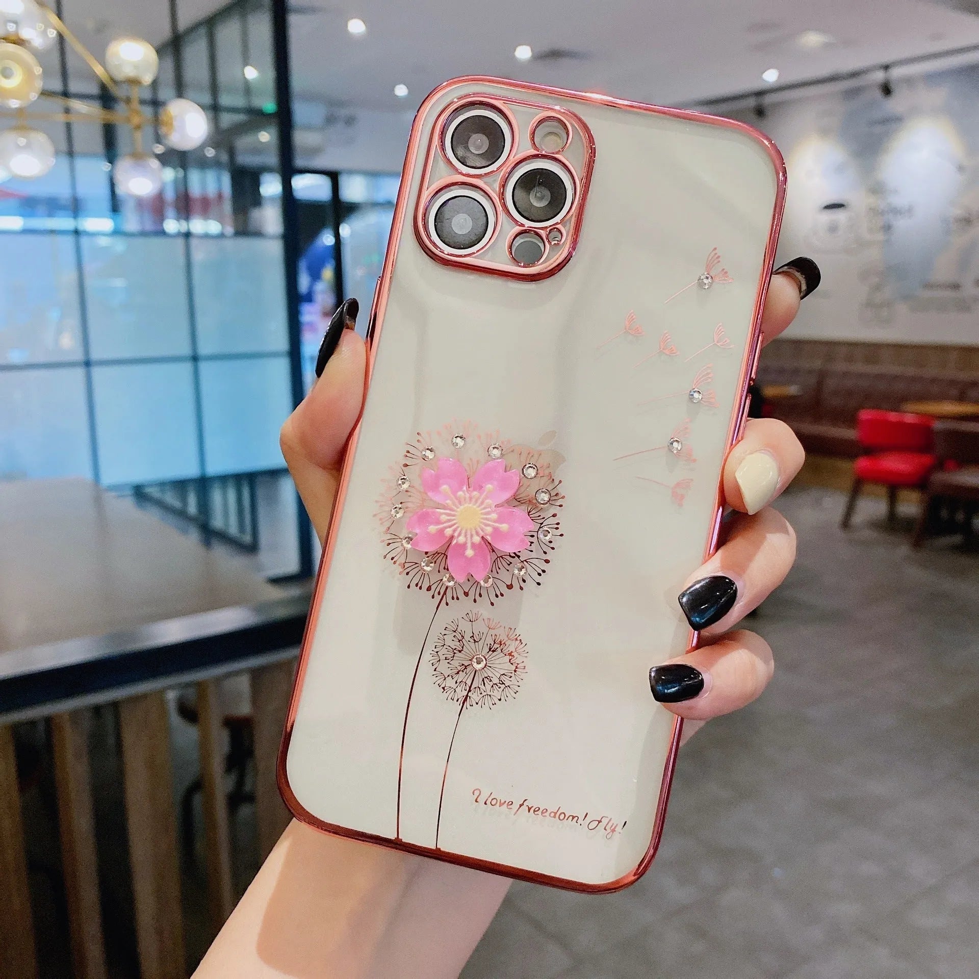 3D cute flower spin stand phone case for iPhone in green purple rose gold silver colours showing built-in screen protector
