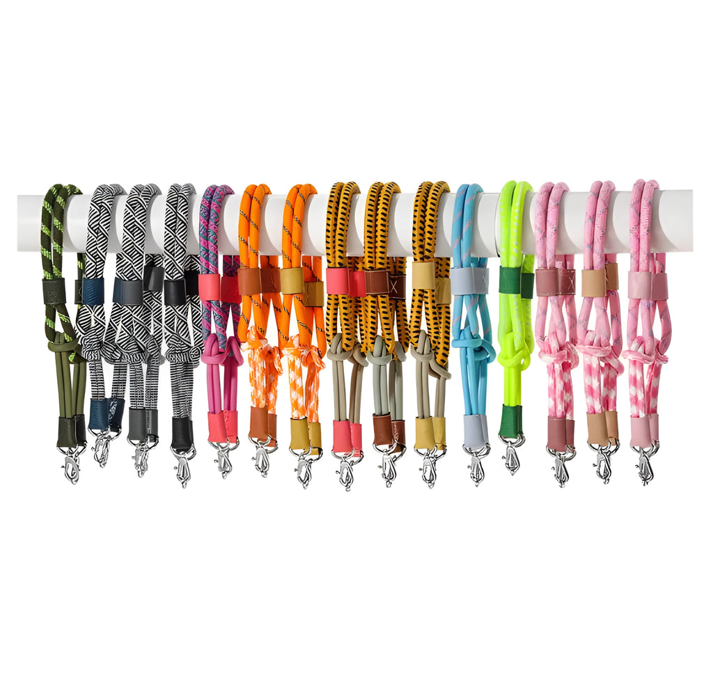 Braided rope and cowhide leather crossbody shoulder strap with alloy buckle, showing colour style options.