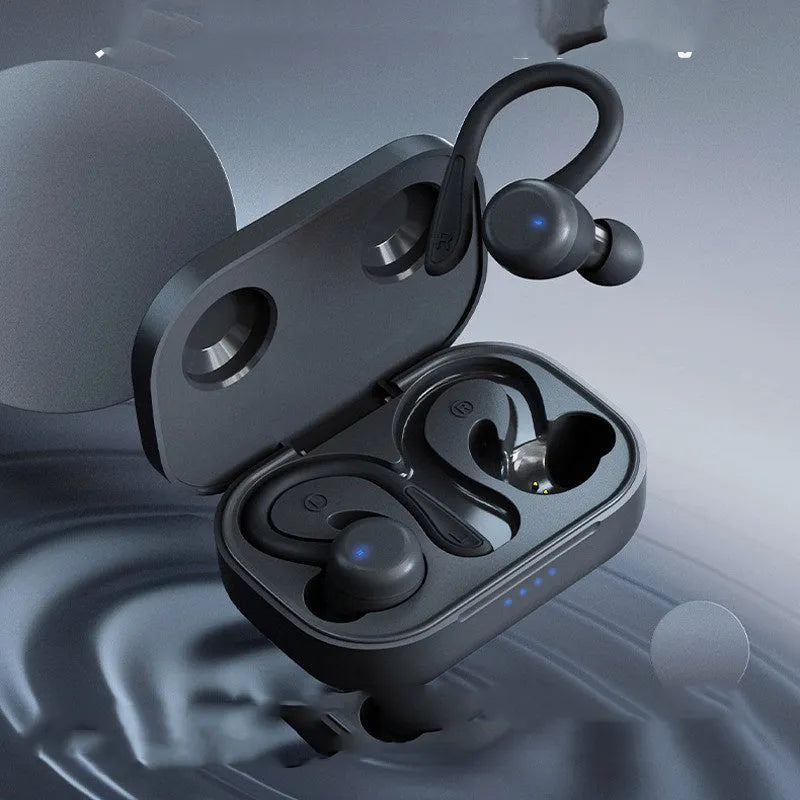 True wireless hanging ear sports headphones with removable ear hooks and charging case in black