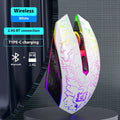 Black and white rechargeable wireless gaming mouse with RGB breathing light on desktop