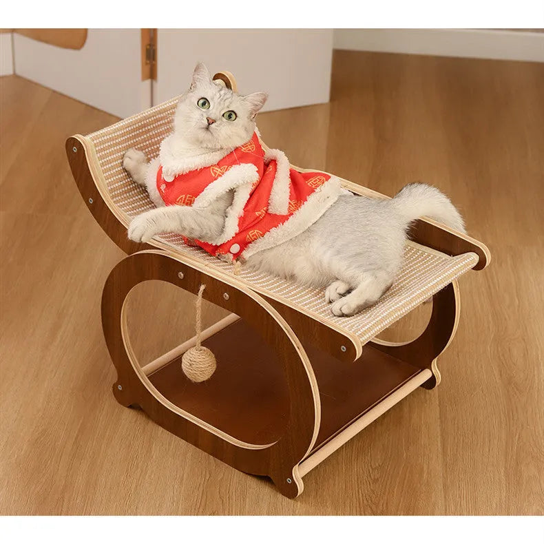 Solid wood cat scratcher bed with sisal matting in walnut colour finish