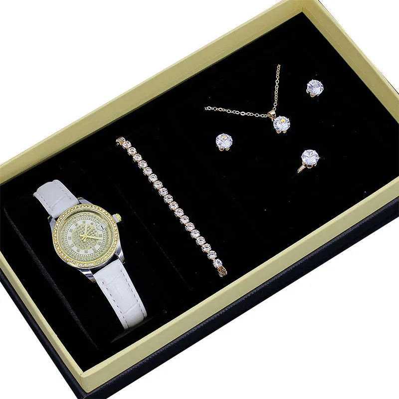 Ladies watch jewellery set gift box with white face white strap watch, bracelet, necklace, stud earrings, and ring
