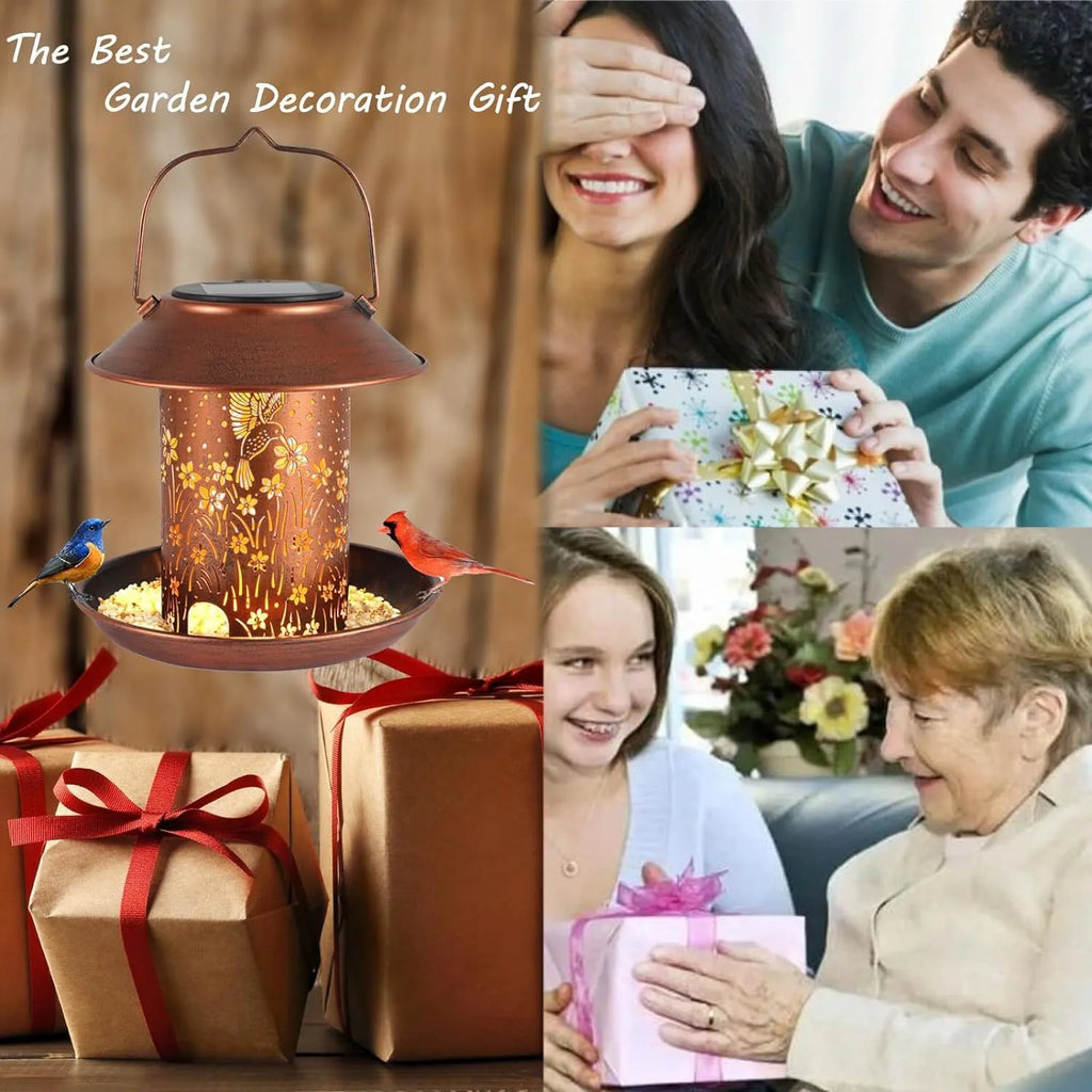 Hummingbird pattern solar-powered iron bird feeder and garden lamp with waterproof construction