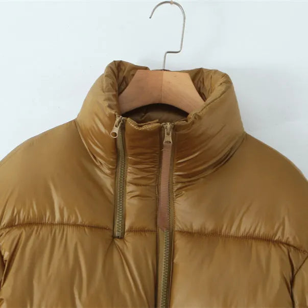 Gold women's puffer coat with stand-up collar and double zipper, straight fit, polyester outer, cotton filling