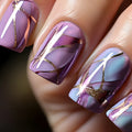 Mid-length purple and white striped nail art stickers on a clear background.