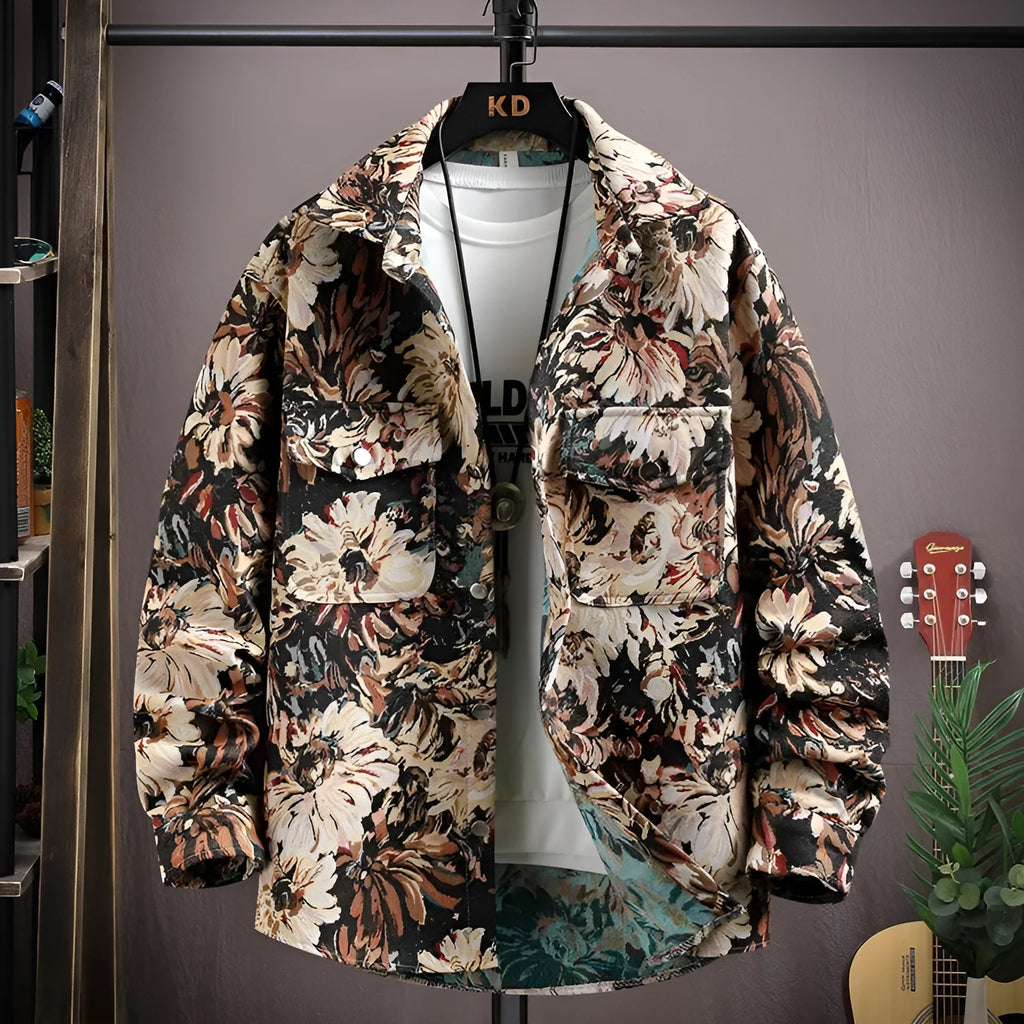 Casual lapel shirt coat in a light colour with long sleeves and straight hem, shown on a hanger.