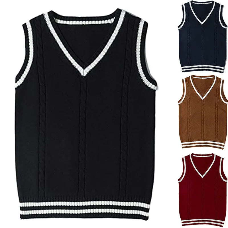 Women's v-neck waistcoat sweater with striped stitching in knitted acrylic fabric
