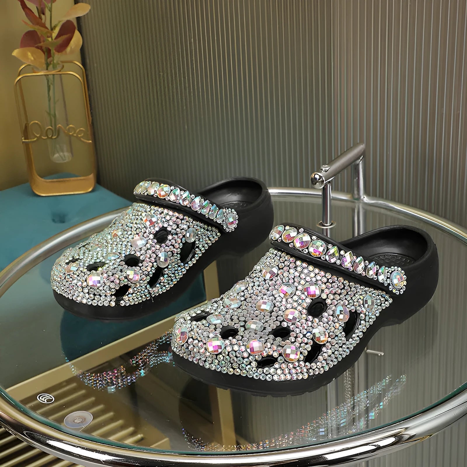 Black women's platform sandals with rhinestone decoration on EVA construction
