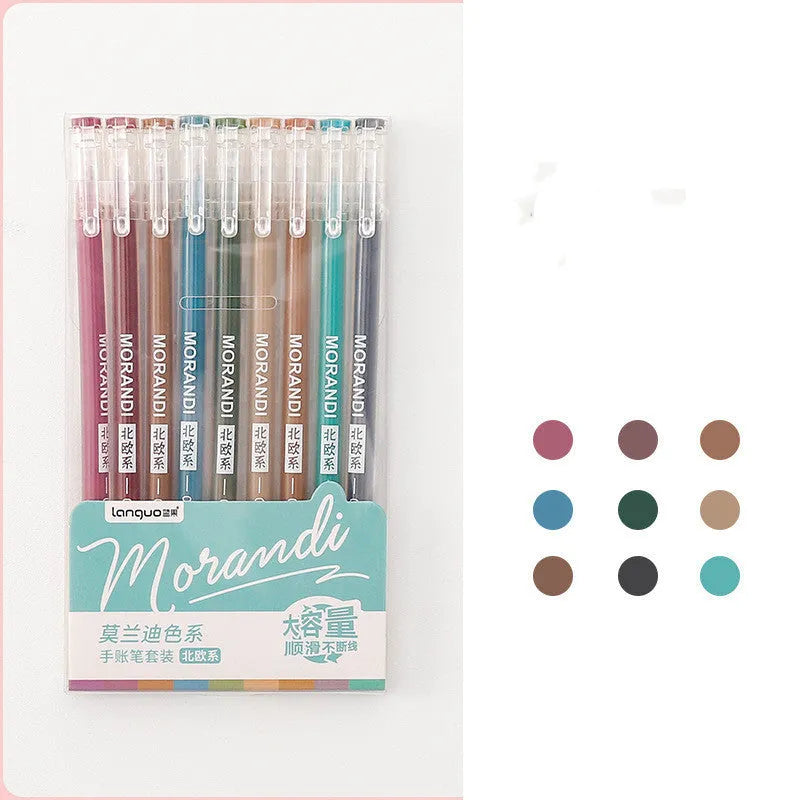 Nine gel pens in plastic case with retro Japanese colours including Nordic, salt, and sweet series themes