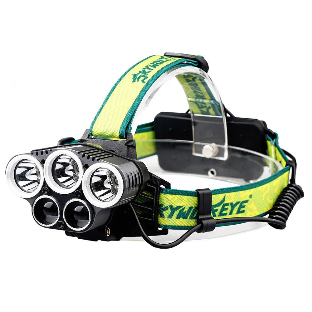 USB rechargeable LED headlamp with aluminium alloy body and multiple LED beads on a head strap.