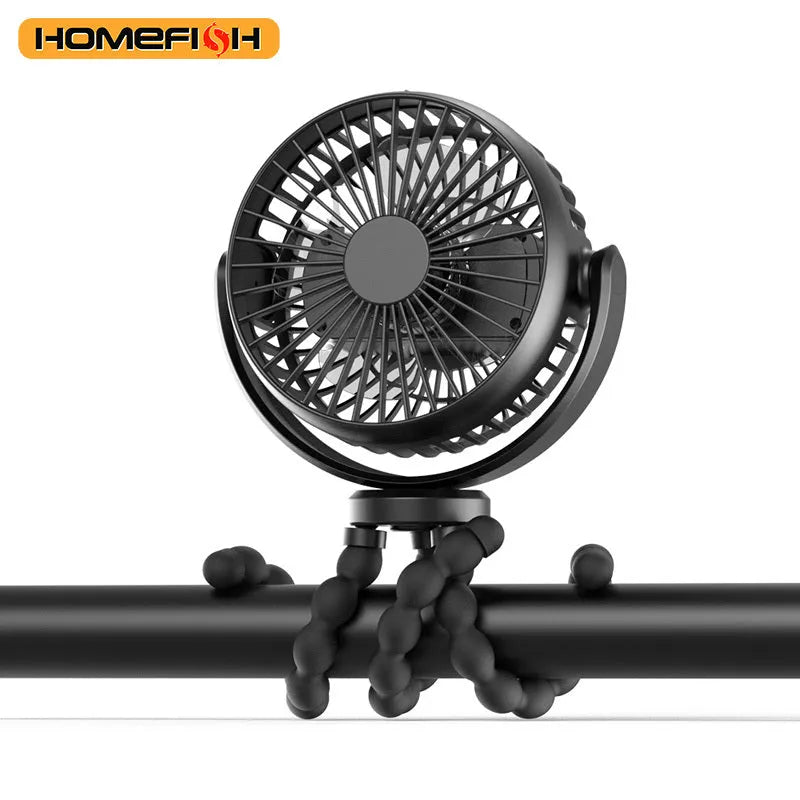 HOMEFISH F2 automatic shake head fan with LED light and removable bracket mounted on a pram