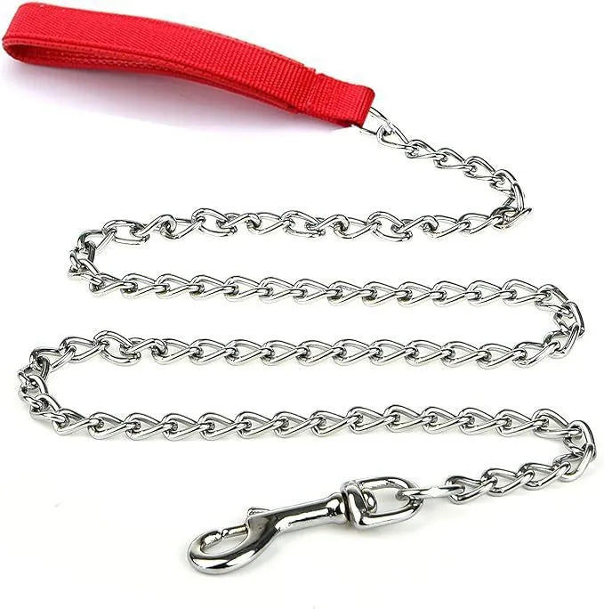 Heavy duty metal dog leash with soft padded handle in black, blue, and red options