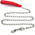 Heavy duty metal dog leash with soft padded handle in black, blue, and red options