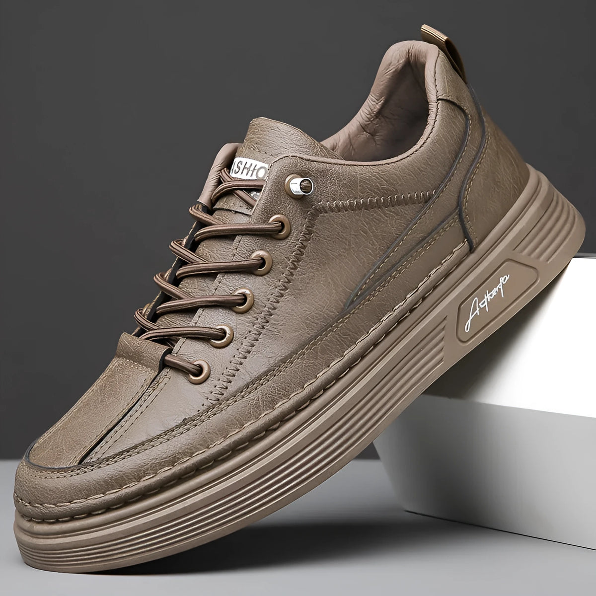 Men's British style casual shoes in black, gray, or khaki with PU upper, rubber sole, and elastic band slip-on design