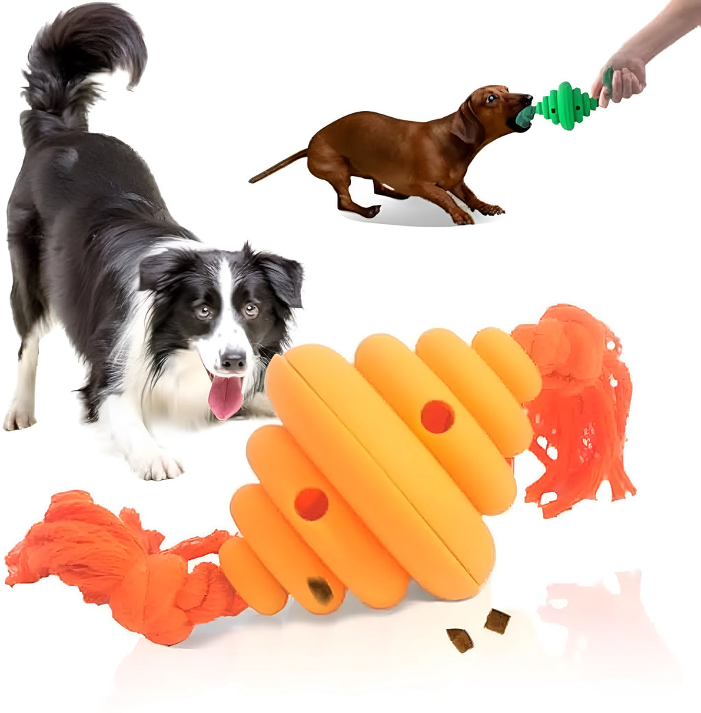 Green and yellow silicone dog ball with attached rope for tug-of-war and treat dispensing