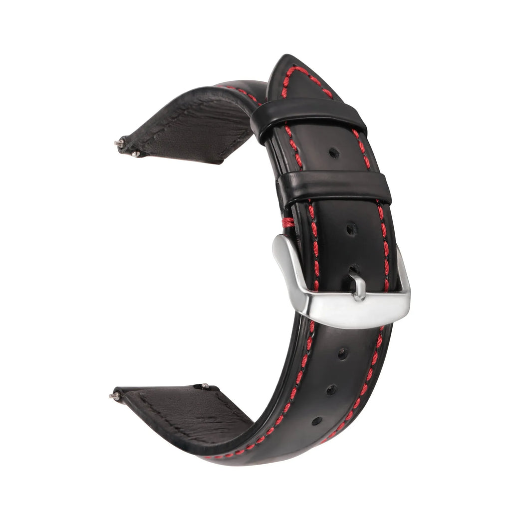 Quick release cowhide leather watch strap shown in multiple colour options including black, dark brown, and two-tone designs.
