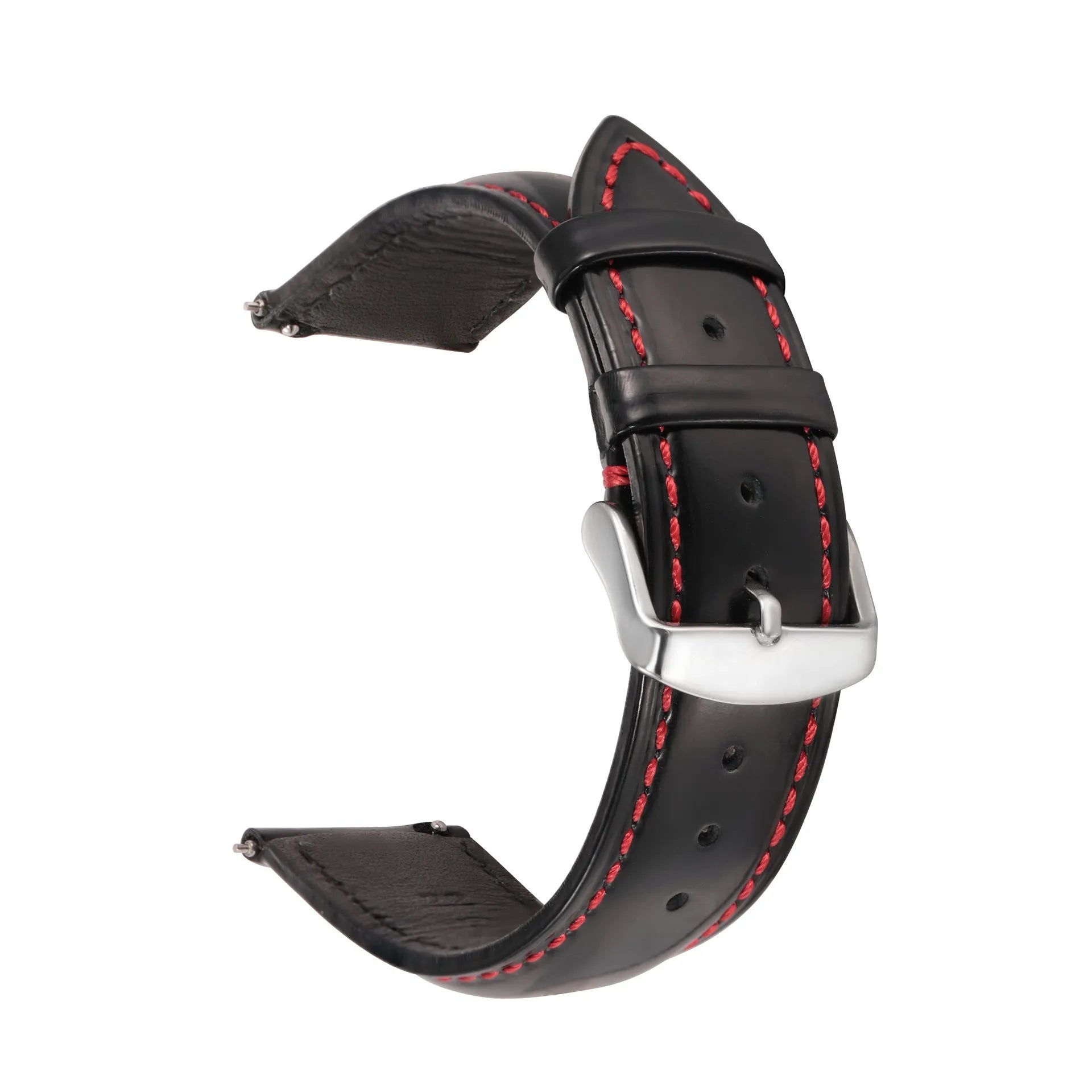 Quick release cowhide leather watch strap shown in multiple colour options including black, dark brown, and two-tone designs.