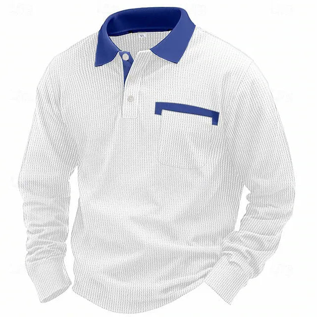 Men's loose-fit waffle knit polo shirt in polyester showing American retro styling and asymmetric details