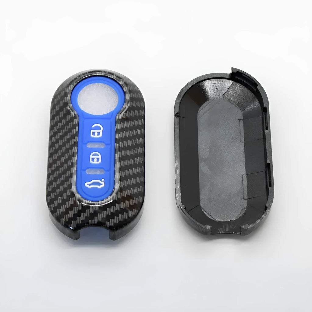 Fiat 500 Boyue carbon fibre pattern ABS remote key case in black, red, and dark blue