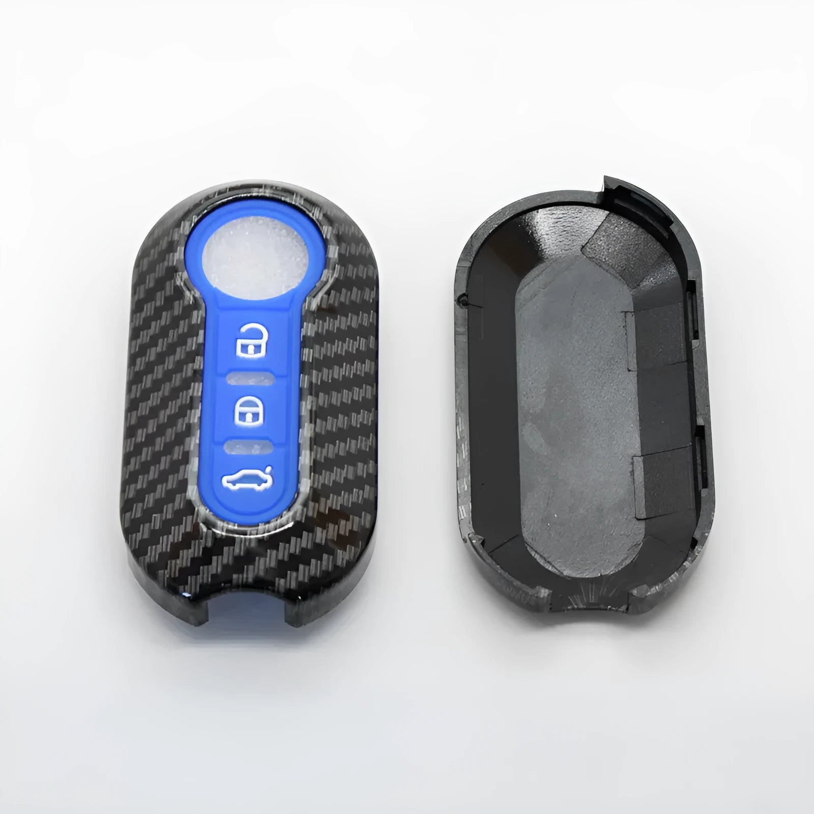 Fiat 500 Boyue carbon fibre pattern ABS remote key case in black, red, and dark blue