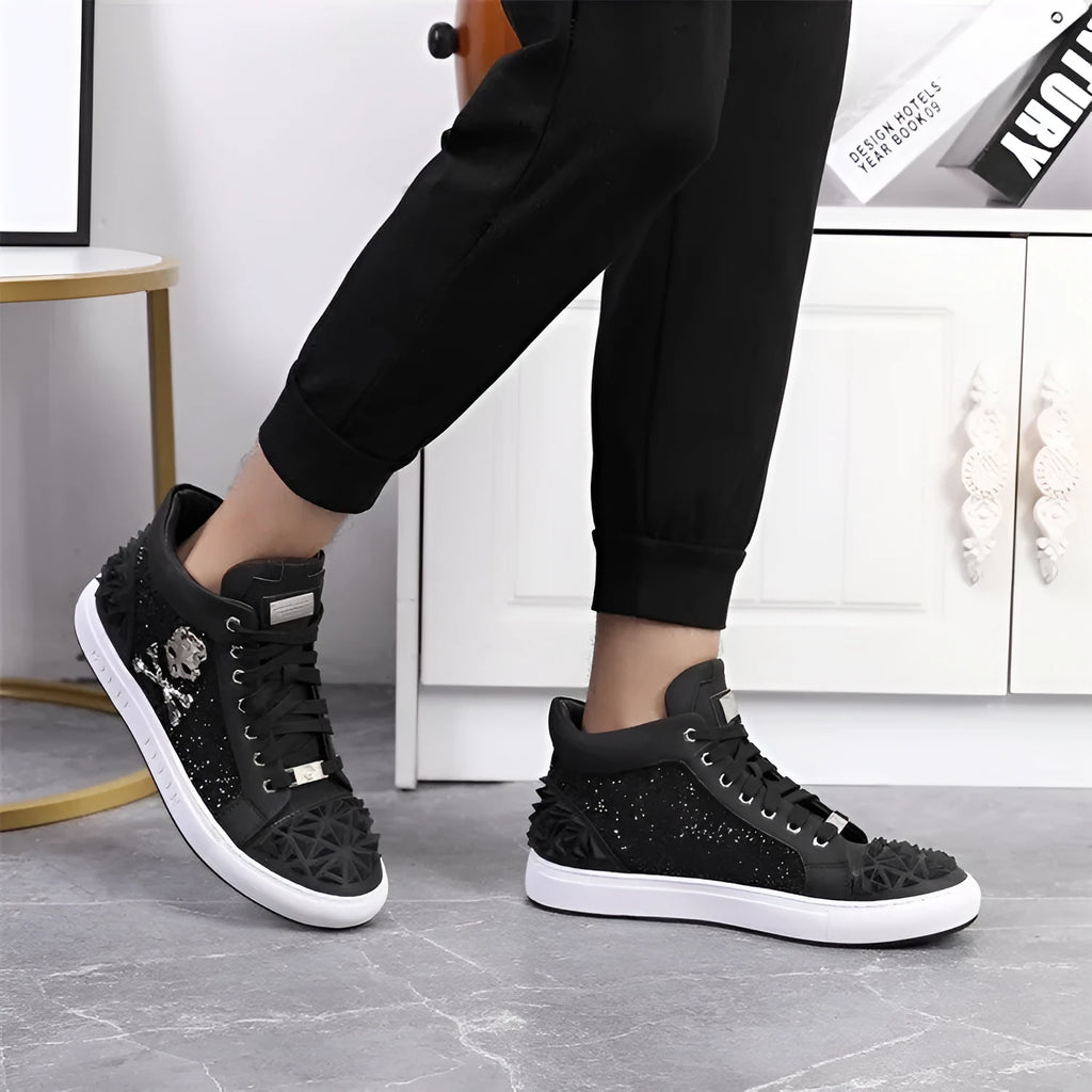 Men's black genuine leather high-top skeleton shoes with lace-up closure and rubber sole