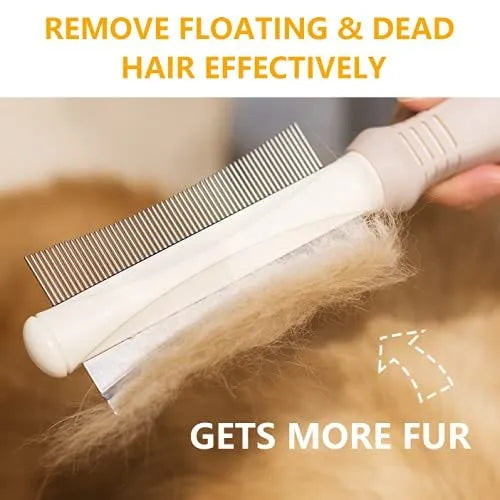 White 2 in 1 dog and cat deshedding brush with double-sided head and ergonomic handle.