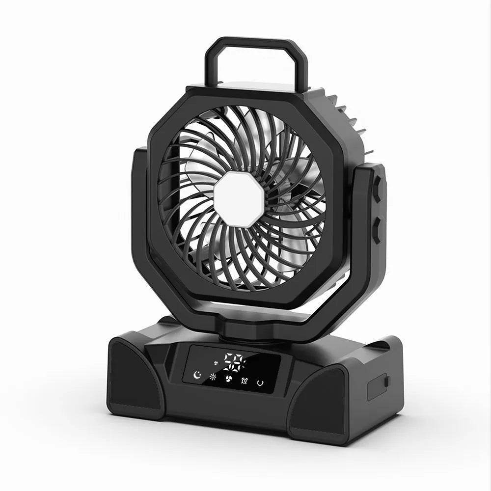 Portable rechargeable fan with remote control, shaking head, light and mobile power in F6 orange, army green or black