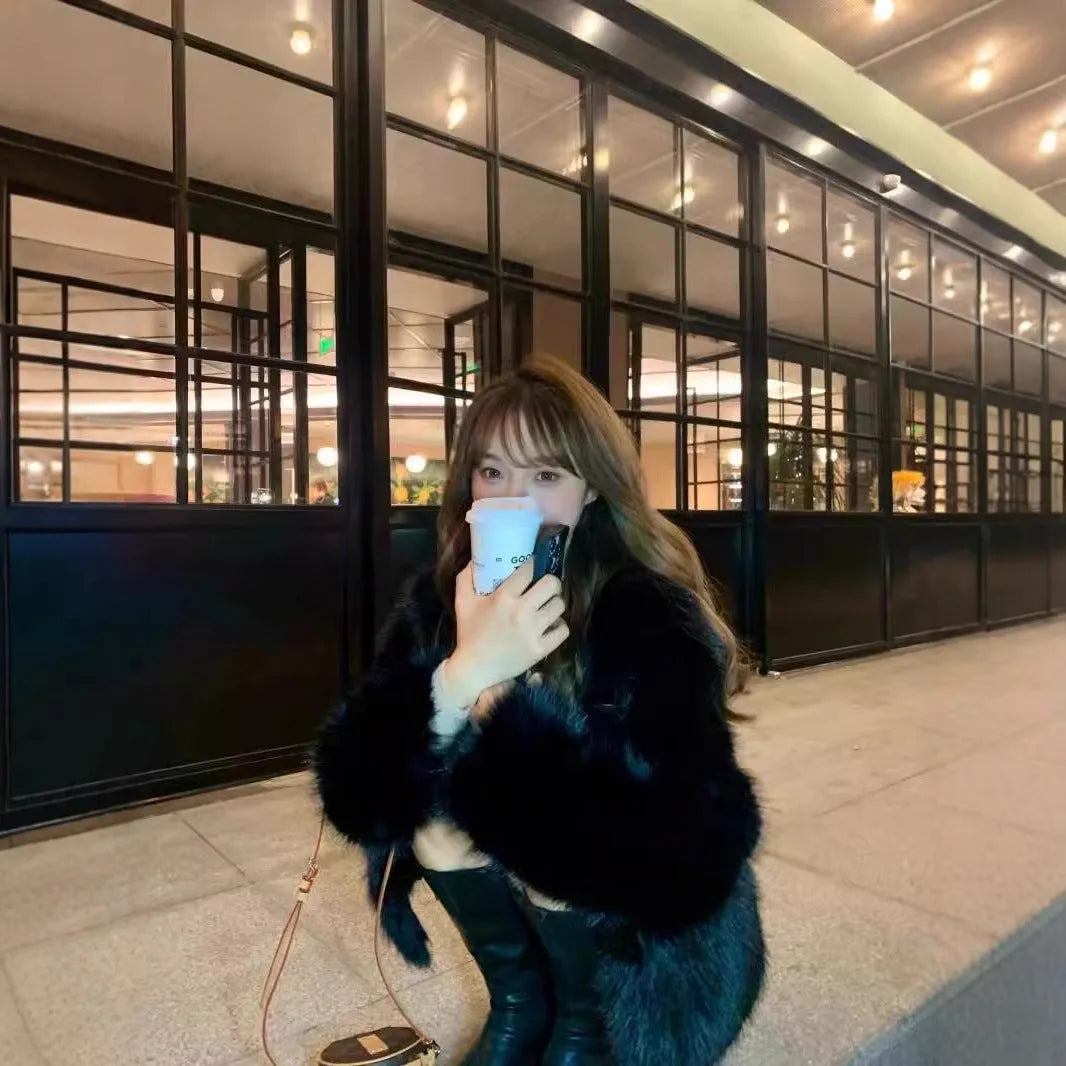 Women's furry chenille coat with princess sleeves, 50cm length, brown or black, sizes S to L