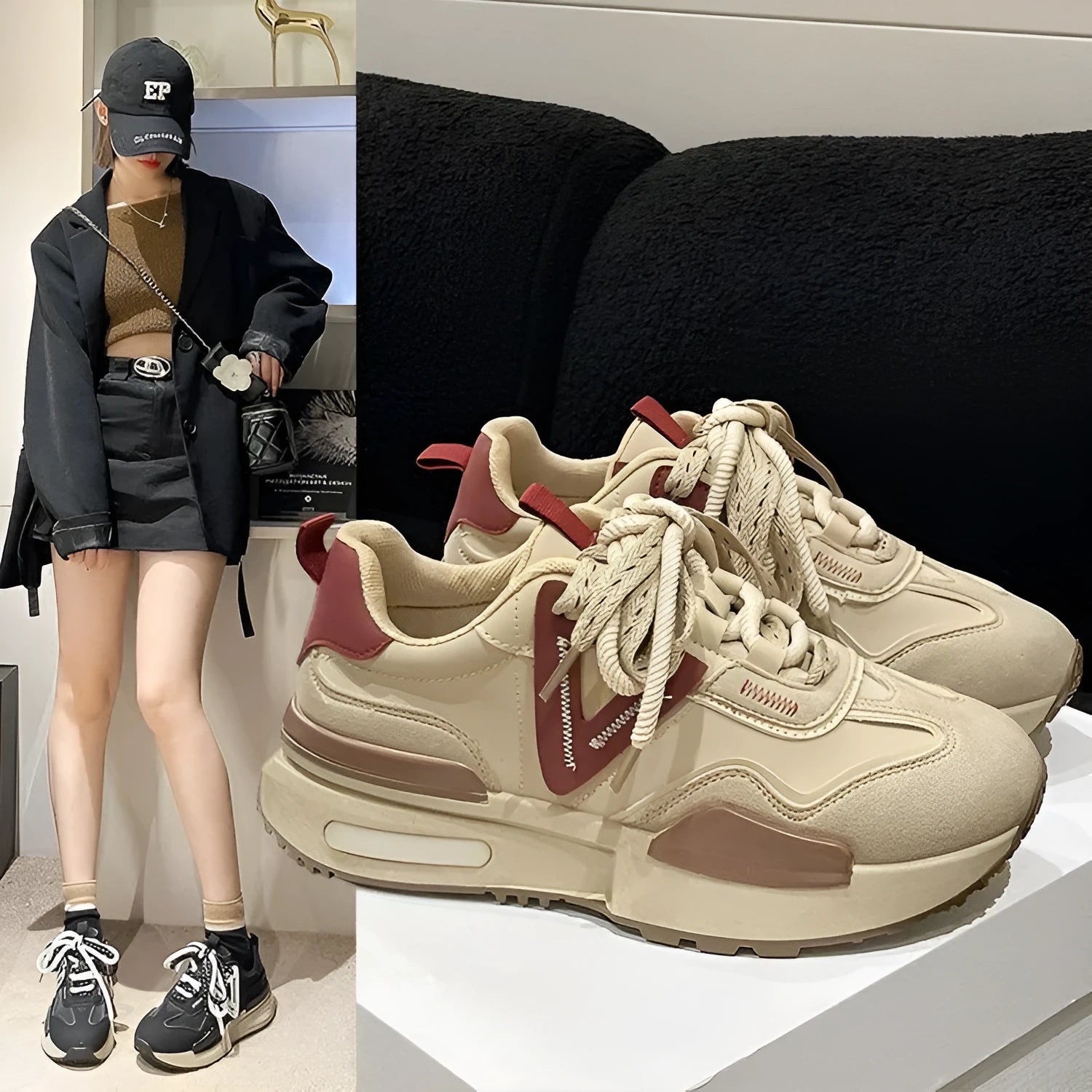 Women's black retro platform sports shoes with lace-up front and round toe on a rubber sole.
