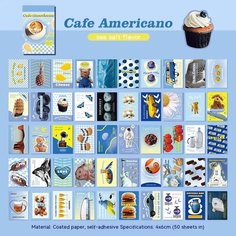 Copper board paper cartoon sticker book open showing 4x6cm sheets in various colours.