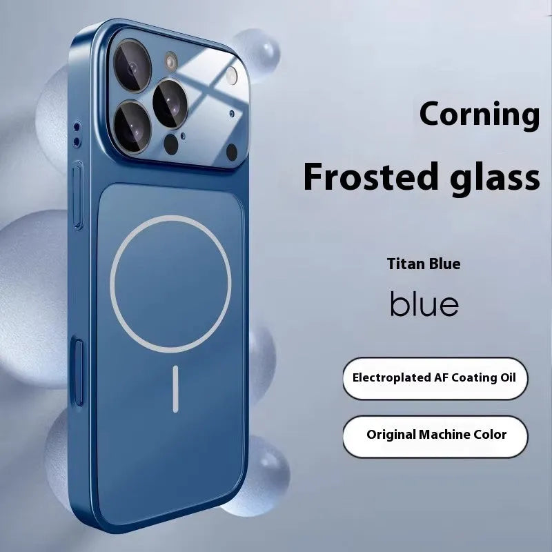 Frosted tempered glass phone case with magnetic suction for iPhone, shown in orange colour.