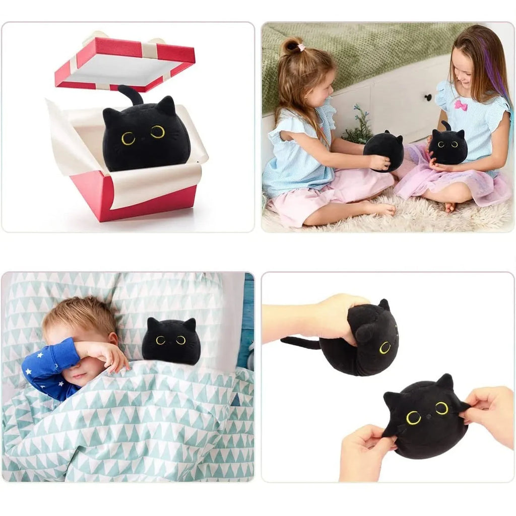 Fluffy black cat plush toy pillow cushion measuring 35 cm in length