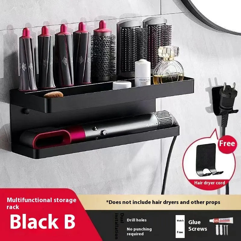 Aluminium double-layer punch-free bathroom storage rack for hair curlers in black colour