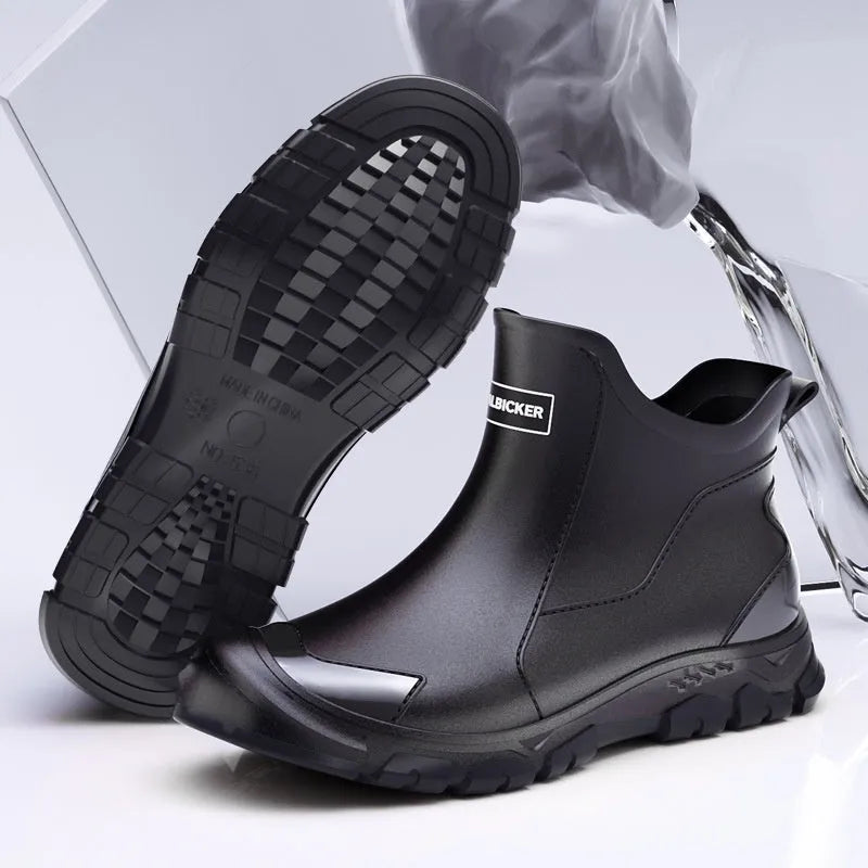 Short tube PVC wading shoes with a round toe and non-slip plastic sole on a flat heel.