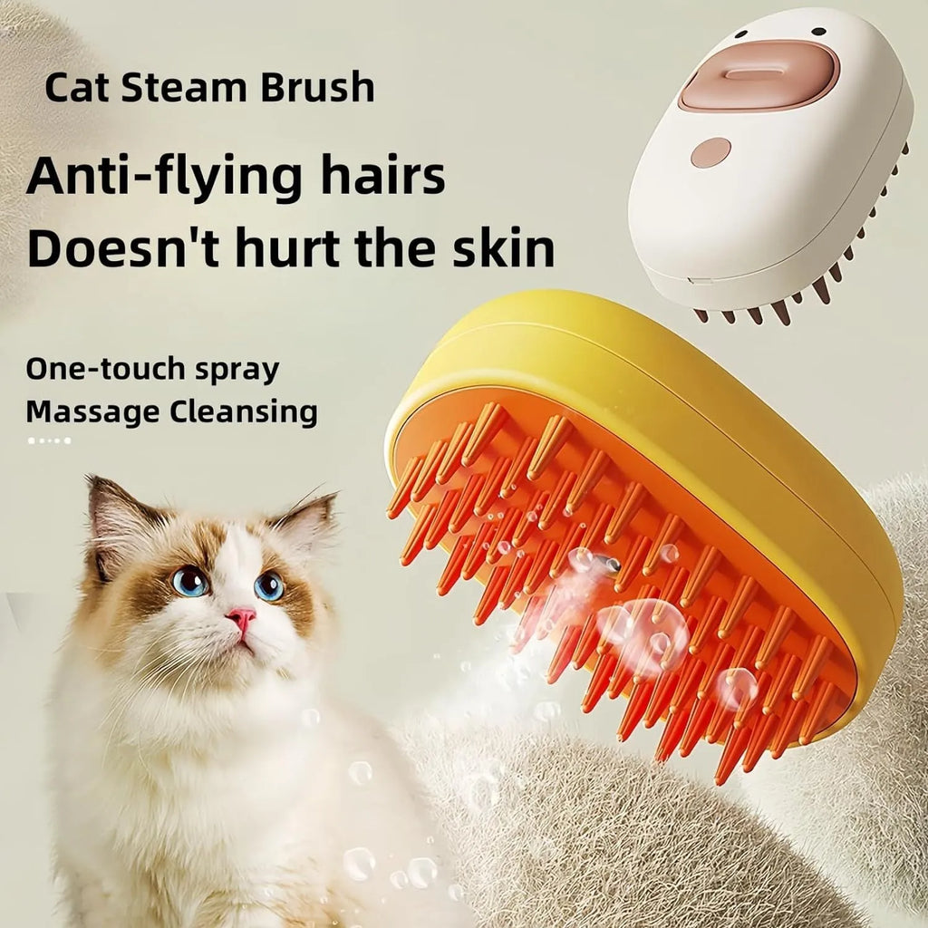 White or yellow rechargeable pet steam brush for grooming dogs and cats.