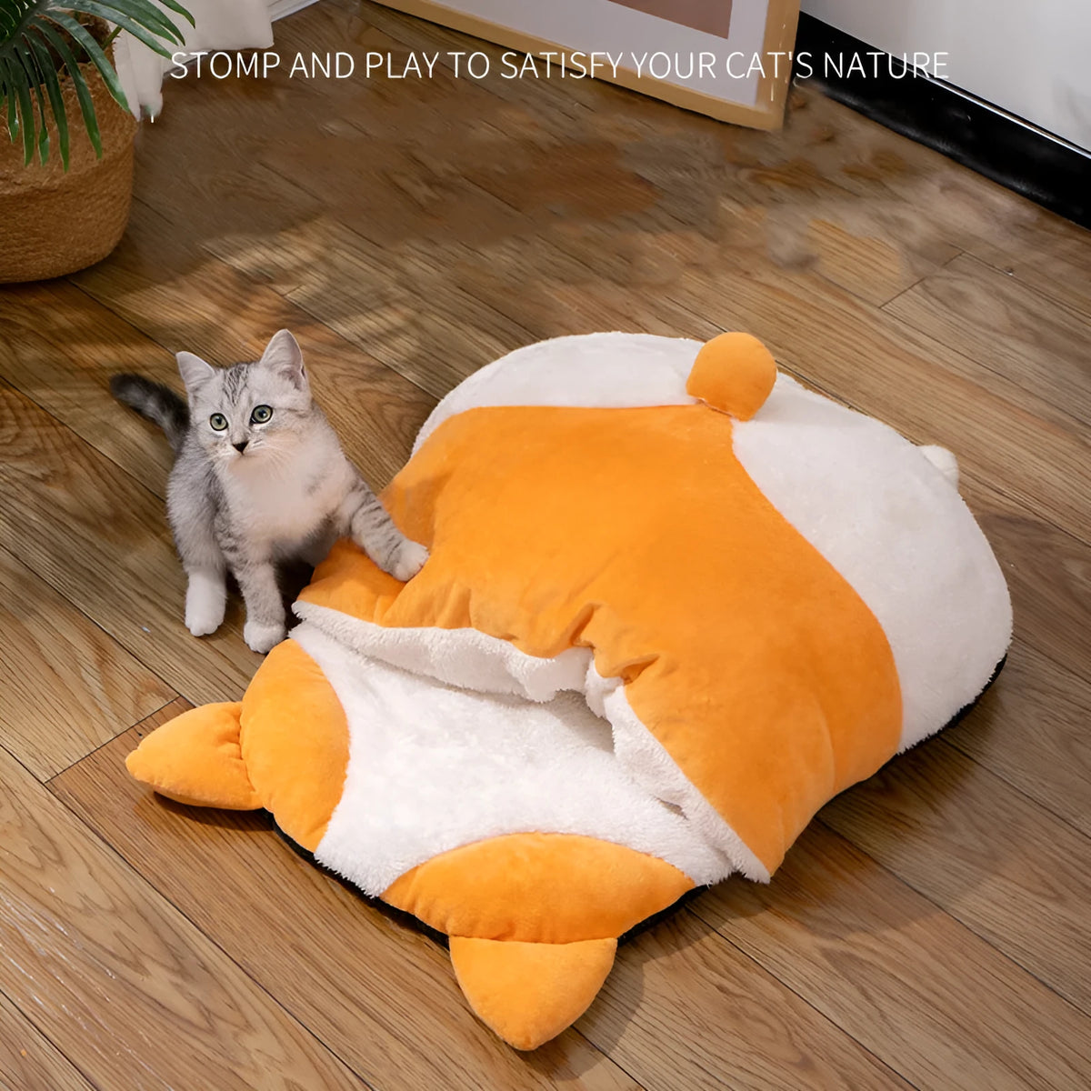 Orange semi-closed cat sleeping bag, 65 x 53 x 12 cm, warm winter pet nest and sleeping mat