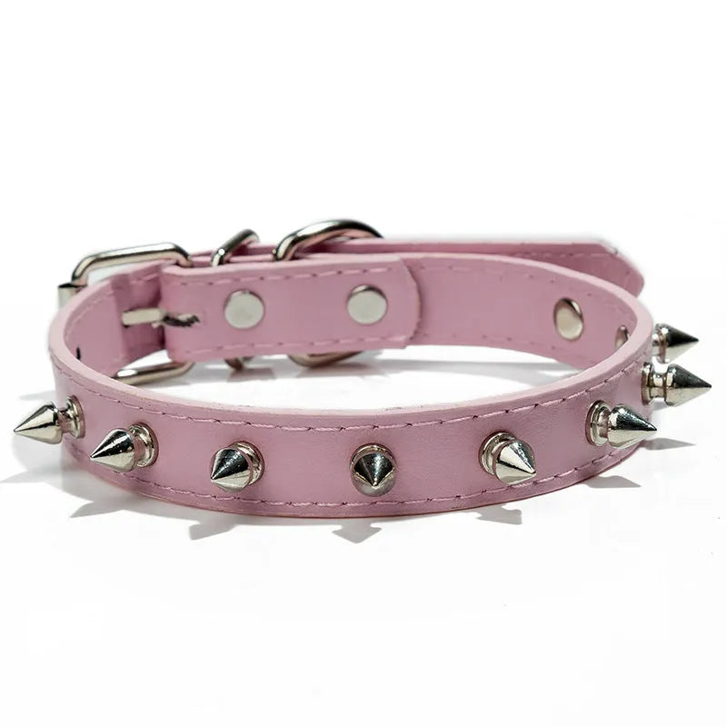 Studded dog collar in PU leather with metal decoration, shown in multiple colour options