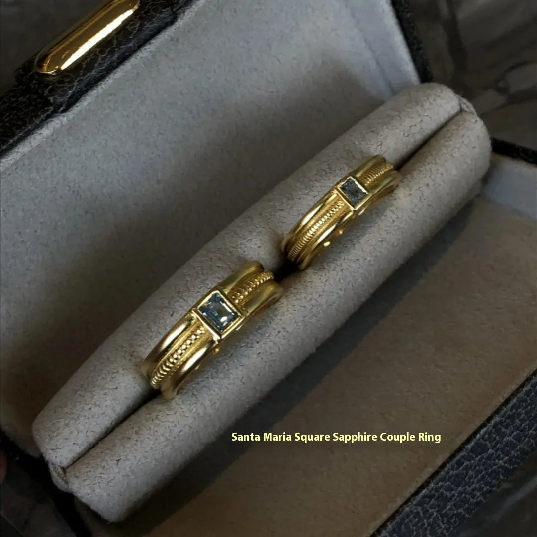 Frosted gold copper ring with square sapphire inlaid gem, narrow or wide version, sizes 6 7 8