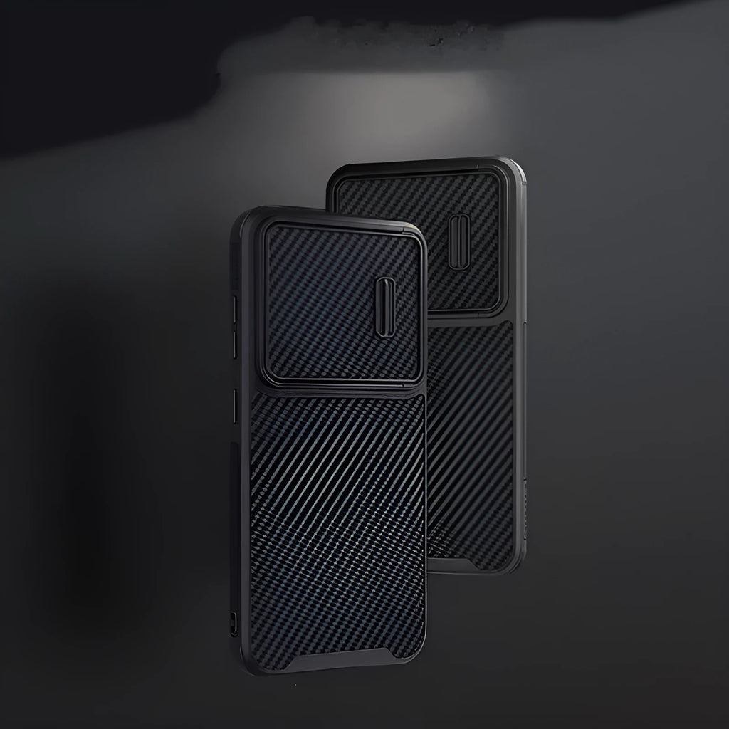 Black Samsung Galaxy S23 Ultra phone case with a sliding lens cover over the camera module.