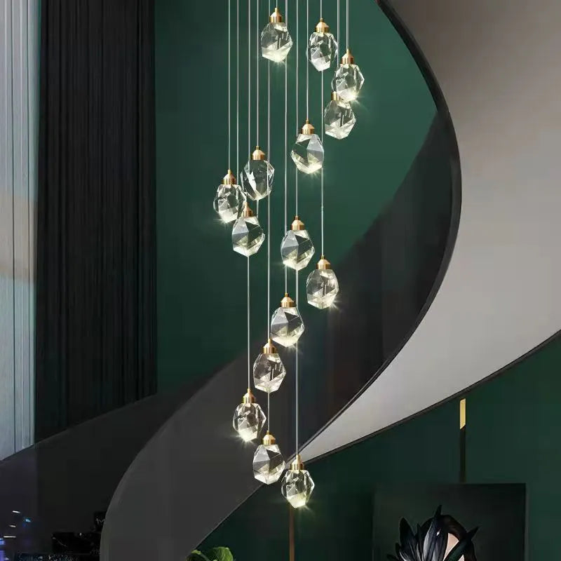 Long crane crystal chandelier ceiling lamp, 220V, available in 10 or 20 heads for duplex stairs and corridors