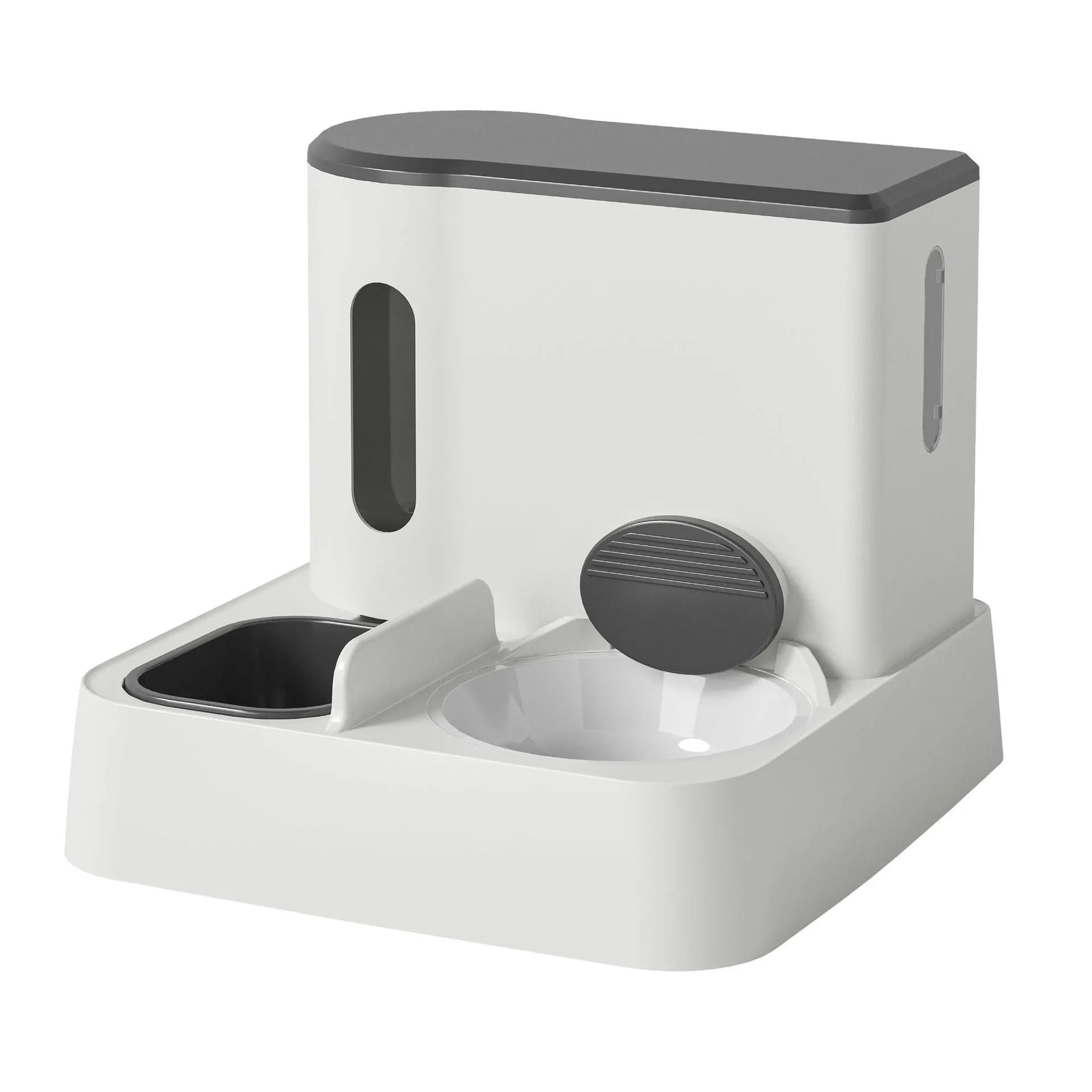 Cat automatic pet feeder water dispenser with integrated double bowl system in grey colour